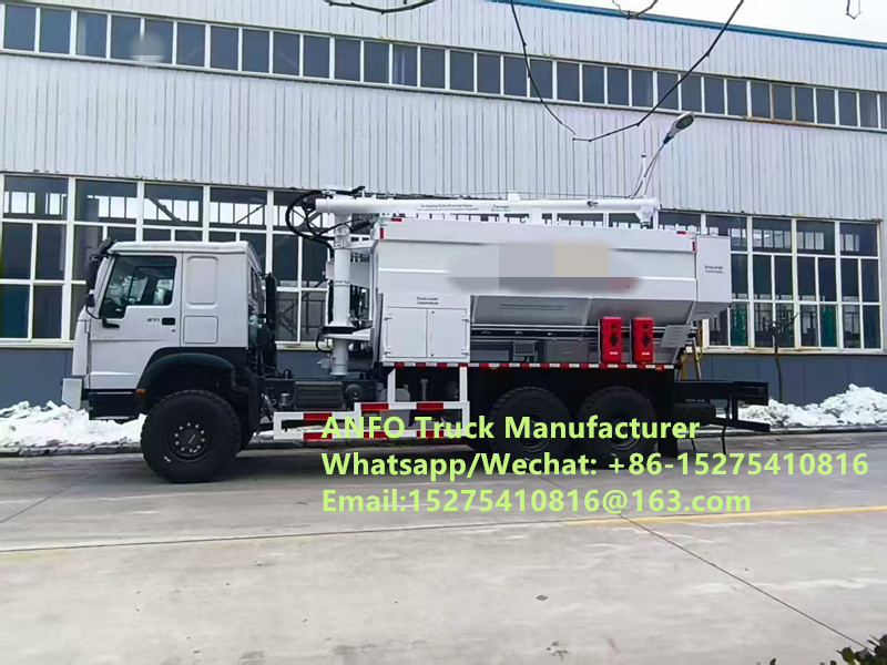 Camion mélangeur et chargeur de granulés d'explosifs en vrac d'ammonium ANFO HOWO neuf et compétitif 10/15/20/30T pour le service de dynamitage à l'émulsion, forage Zambie/Zimbabwe/Tanzanie/Ghana/Guinée/Namibie/Guyana